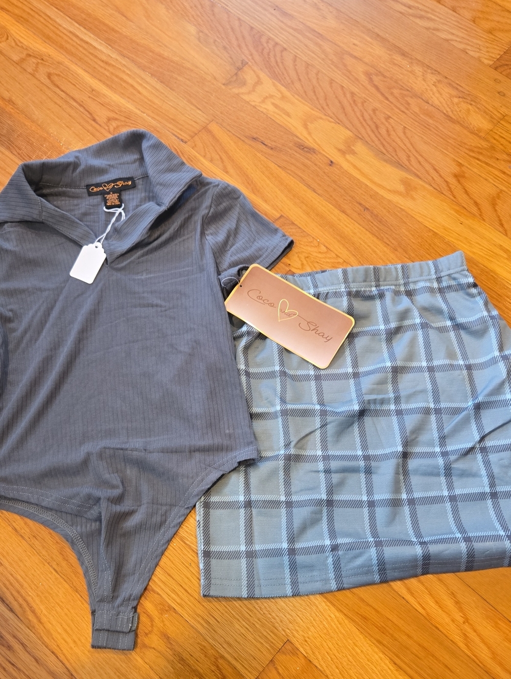 Green/ Blue Ribbed Bodysuit and Plaid Skirt Set